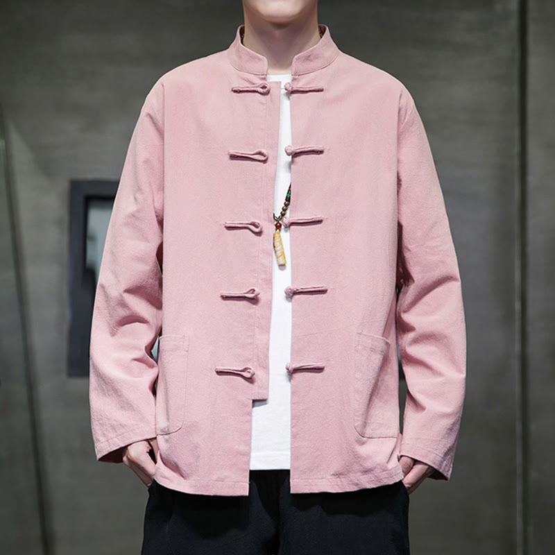 Veste en coton et lin pour homme avec poches et boutons de Buddha Stones de couleur unie