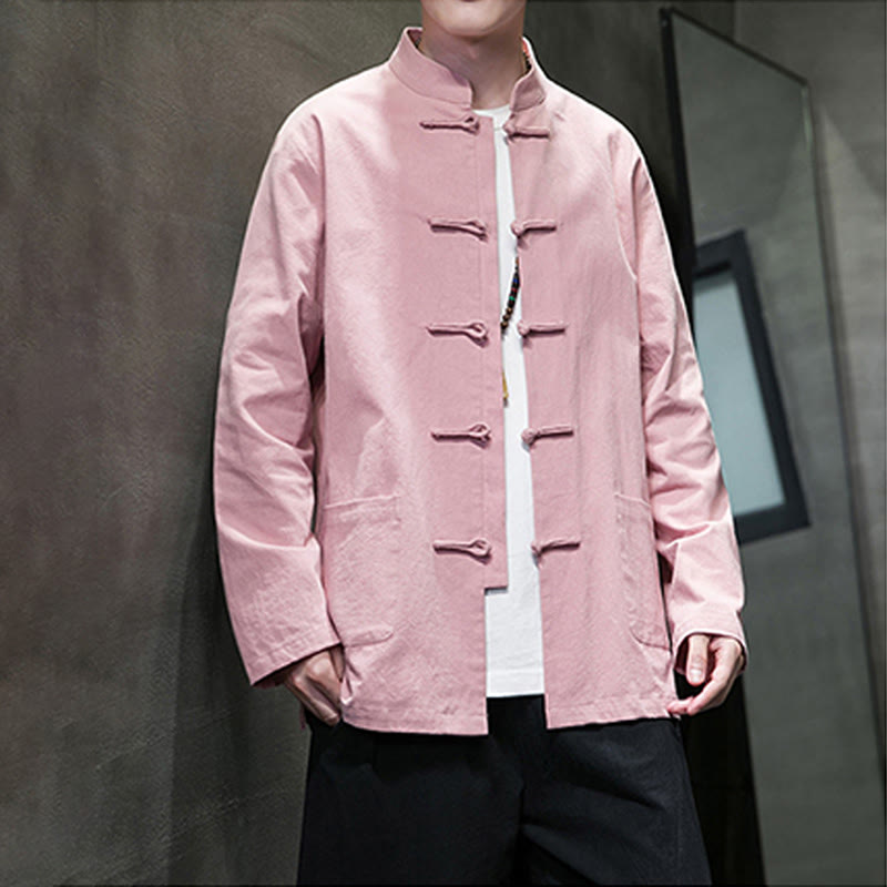 Veste en coton et lin pour homme avec poches et boutons de Buddha Stones de couleur unie