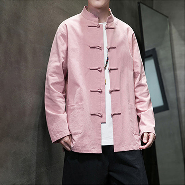 Veste en coton et lin pour homme avec poches et boutons de Buddha Stones de couleur unie