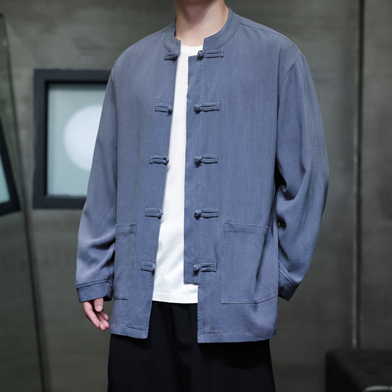 Chemise décontractée en lin à boutons de grenouille de couleur unie Buddha Stones pour hommes avec poches - image 1