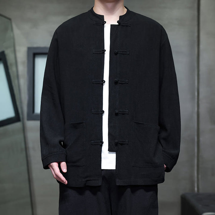 Chemise décontractée en lin à boutons de grenouille de couleur unie Buddha Stones pour hommes avec poches - image 10