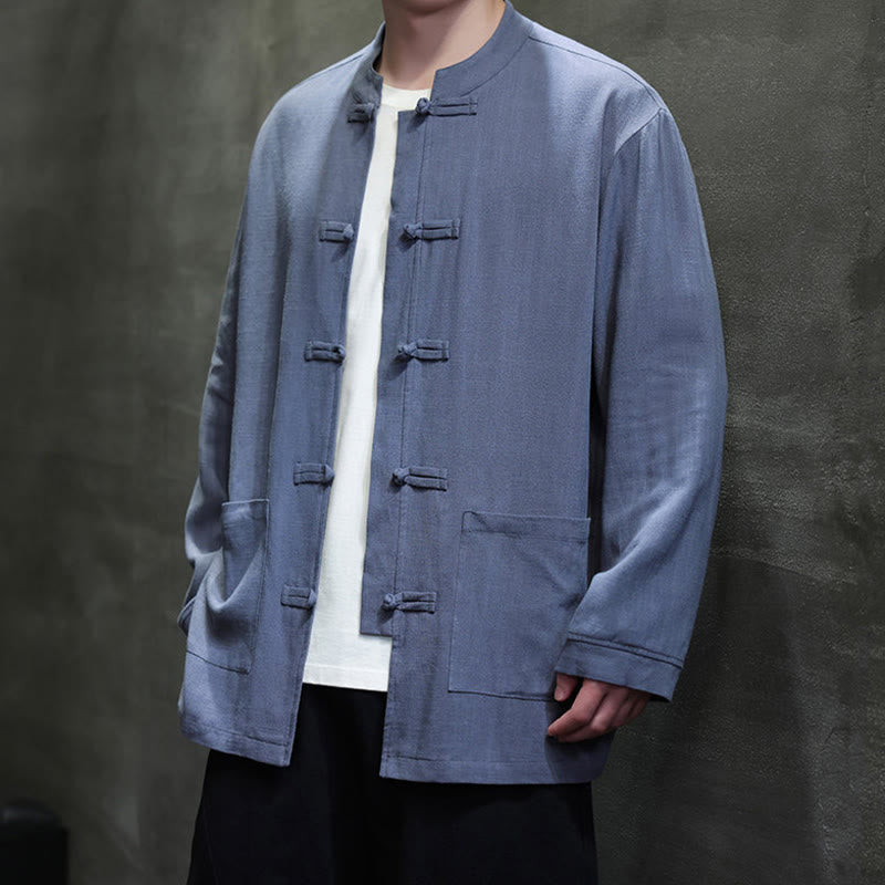 Chemise décontractée en lin à boutons de grenouille de couleur unie Buddha Stones pour hommes avec poches - image 2