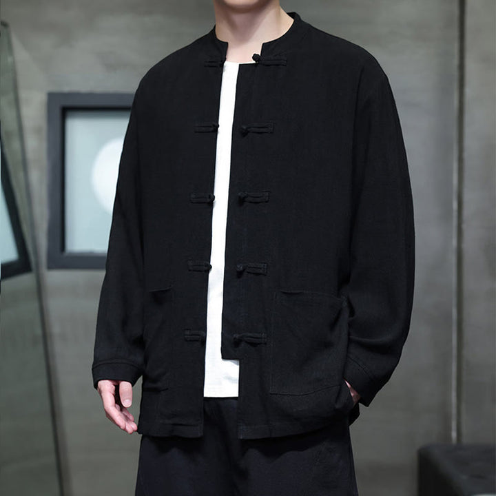 Chemise décontractée en lin à boutons de grenouille de couleur unie Buddha Stones pour hommes avec poches - image 12