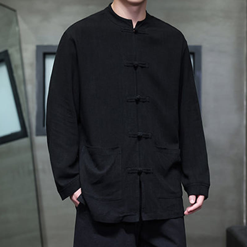 Chemise décontractée en lin à boutons de grenouille de couleur unie Buddha Stones pour hommes avec poches - image 9