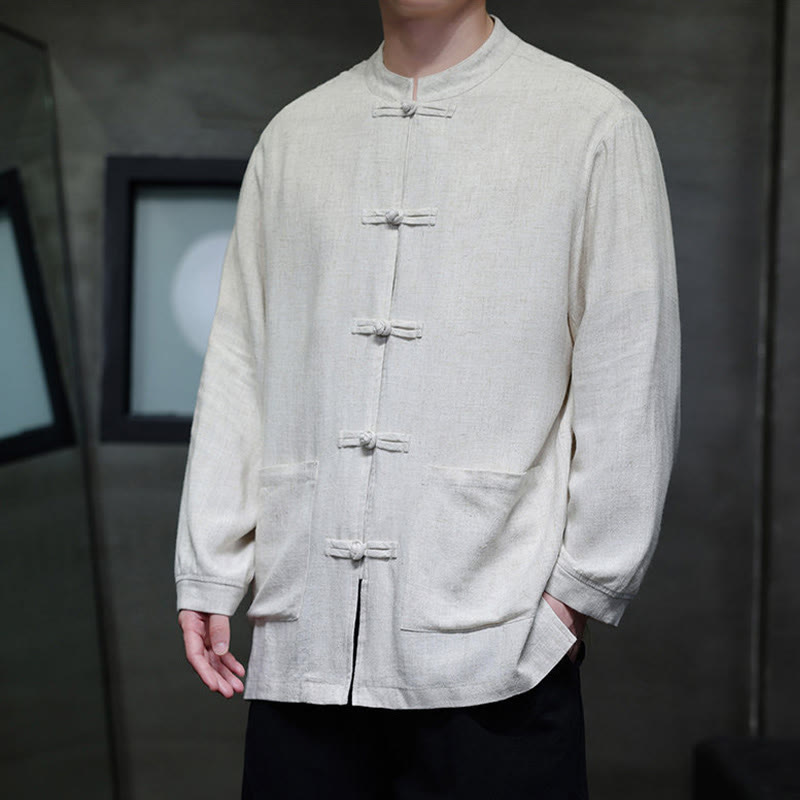 Chemise décontractée en lin à boutons de grenouille de couleur unie Buddha Stones pour hommes avec poches - image 16