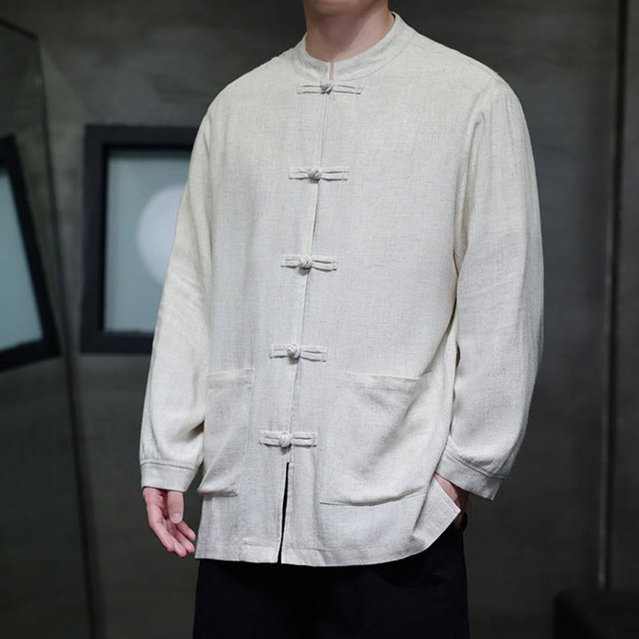 Chemise décontractée en lin à boutons de grenouille de couleur unie Buddha Stones pour hommes avec poches - image 16