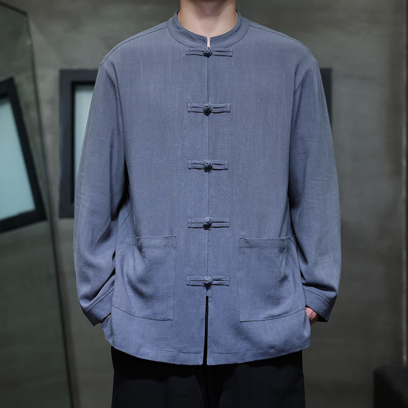 Chemise décontractée en lin à boutons de grenouille de couleur unie Buddha Stones pour hommes avec poches - Bleu royal - US/UK/AU46，EU56 (5XL) - image 0