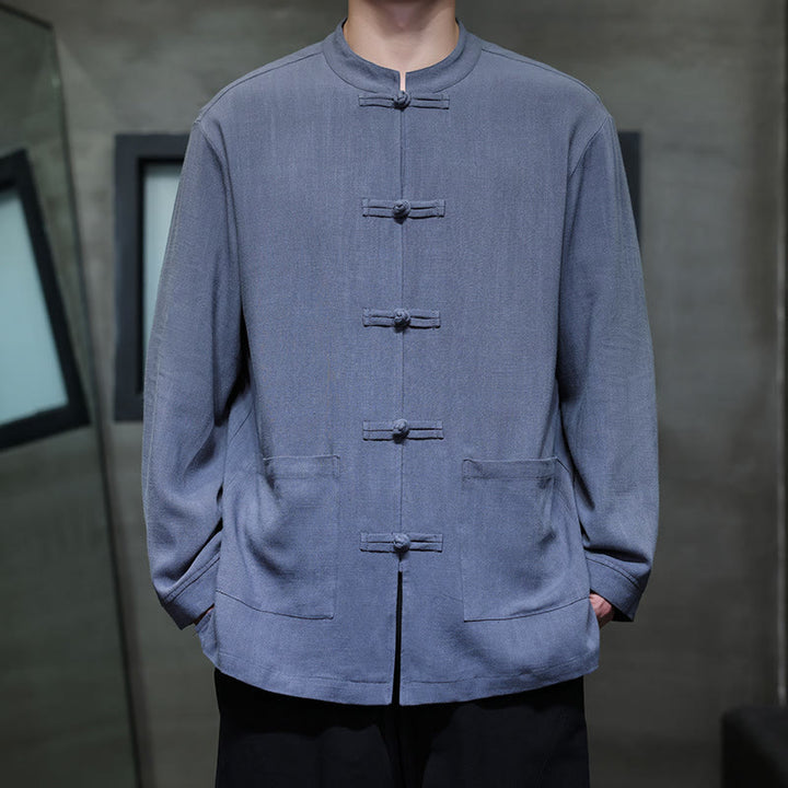 Chemise décontractée en lin à boutons de grenouille de couleur unie Buddha Stones pour hommes avec poches - Bleu royal - US/UK/AU46，EU56 (5XL) - image 0