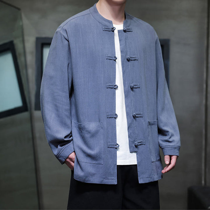 Chemise décontractée en lin à boutons de grenouille de couleur unie Buddha Stones pour hommes avec poches - image 7