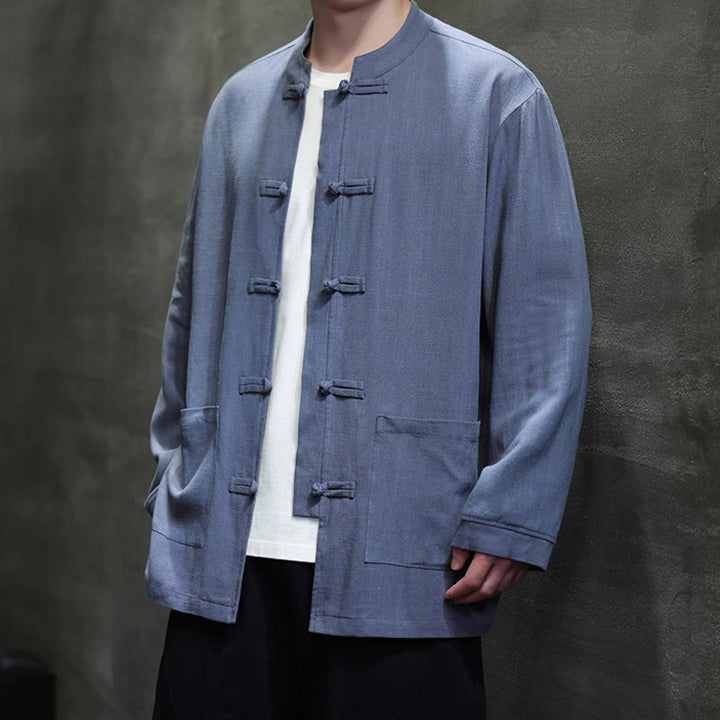 Chemise décontractée en lin à boutons de grenouille de couleur unie Buddha Stones pour hommes avec poches - image 2