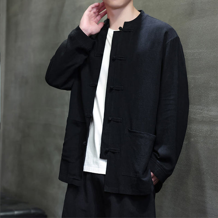 Chemise décontractée en lin à boutons de grenouille de couleur unie Buddha Stones pour hommes avec poches - image 13