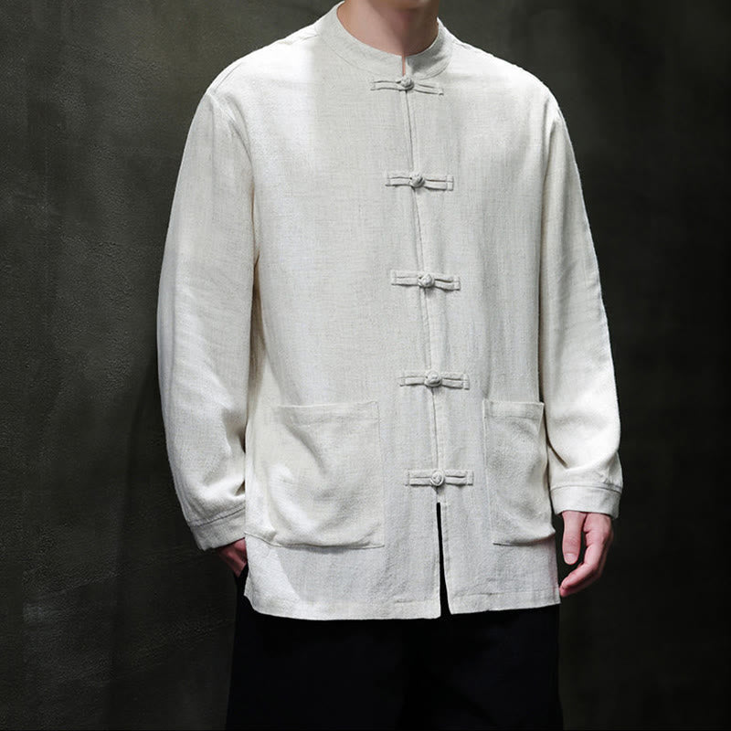 Chemise décontractée en lin à boutons de grenouille de couleur unie Buddha Stones pour hommes avec poches - image 17