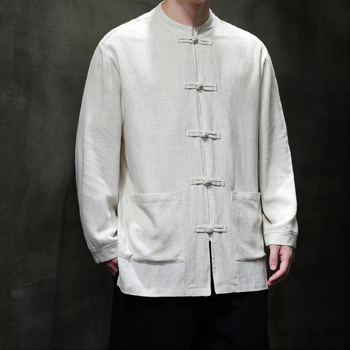Chemise décontractée en lin à boutons de grenouille de couleur unie Buddha Stones pour hommes avec poches - image 17