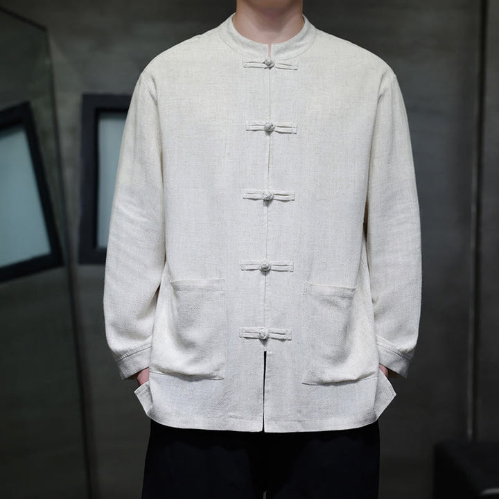 Chemise décontractée en lin à boutons de grenouille de couleur unie Buddha Stones pour hommes avec poches - Blanc - US/UK/AU46，EU56 (5XL) - image 14