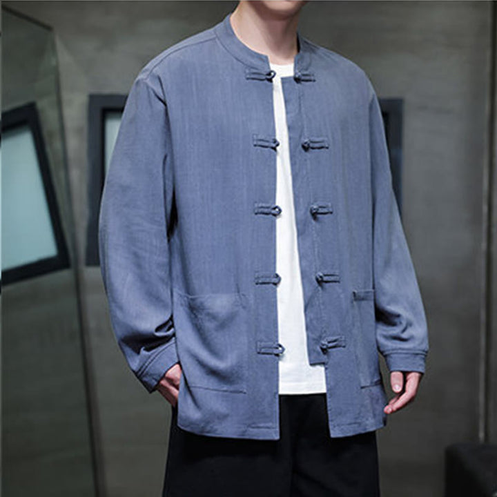 Chemise décontractée en lin à boutons de grenouille de couleur unie Buddha Stones pour hommes avec poches - image 6