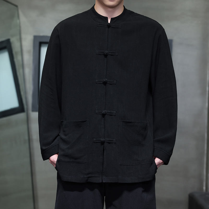 Chemise décontractée en lin à boutons de grenouille de couleur unie Buddha Stones pour hommes avec poches - Noir - US/UK/AU46，EU56 (5XL) - image 8