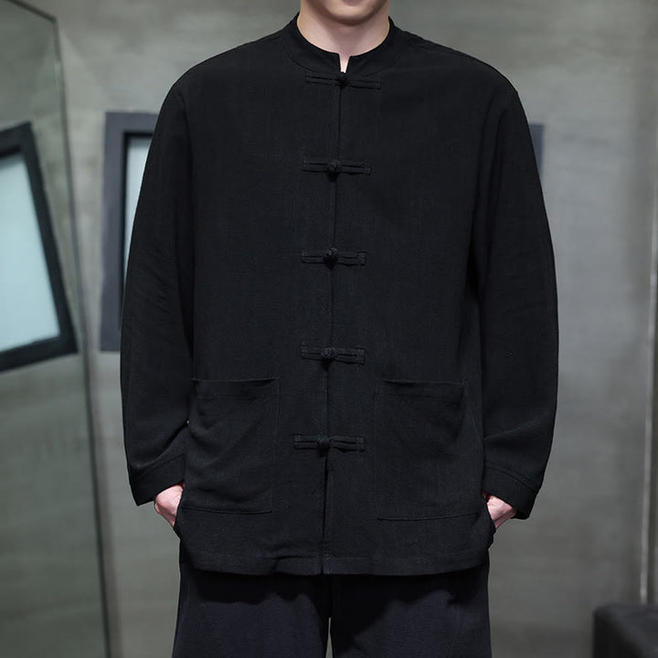 Chemise décontractée en lin à boutons de grenouille de couleur unie Buddha Stones pour hommes avec poches - Noir - US/UK/AU46，EU56 (5XL) - image 8