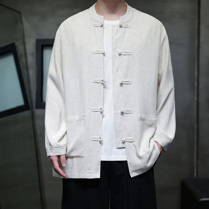 Chemise décontractée en lin à boutons de grenouille de couleur unie Buddha Stones pour hommes avec poches - image 15