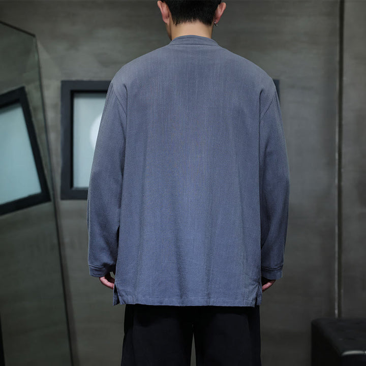 Chemise décontractée en lin à boutons de grenouille de couleur unie Buddha Stones pour hommes avec poches - image 4