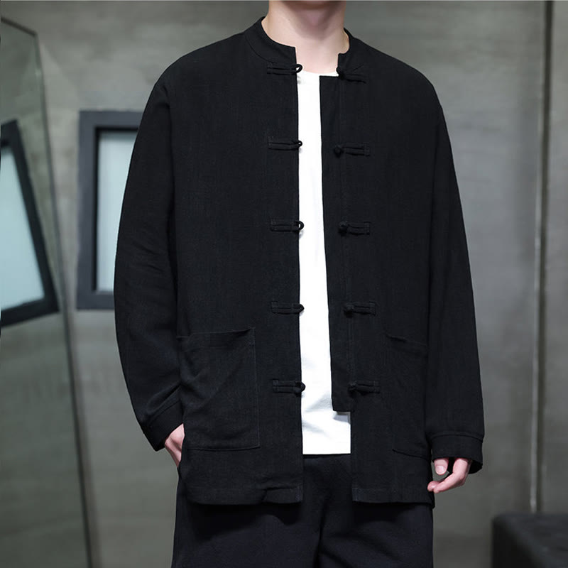 Chemise décontractée en lin à boutons de grenouille de couleur unie Buddha Stones pour hommes avec poches - image 11