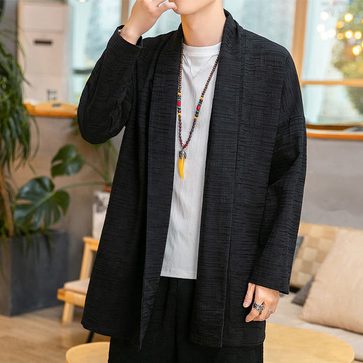 Manteau mi-long en lin mélangé simple et ample pour homme avec Buddha Stones - Noir - US/UK/AU42，EU52 (3XL) - image 5