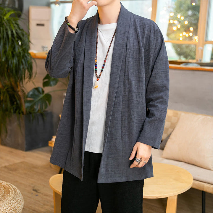 Manteau mi-long en lin mélangé simple et ample pour homme avec Buddha Stones - Gris ardoise clair - US/UK/AU42，EU52 (3XL) - image 0