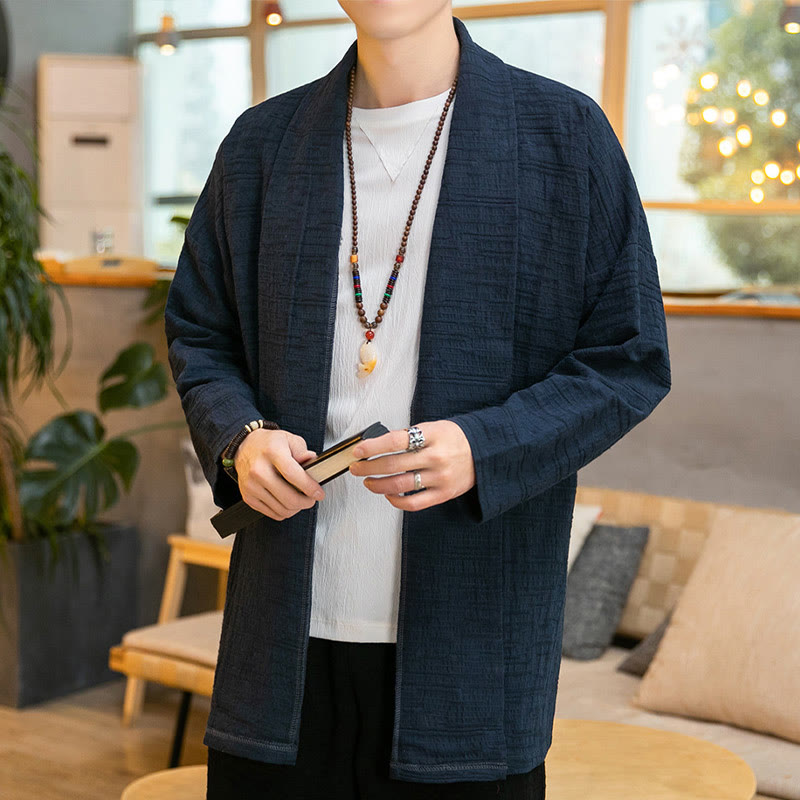 Manteau mi-long en lin mélangé simple et ample pour homme avec Buddha Stones - Marine - US/UK/AU42，EU52 (3XL) - image 16