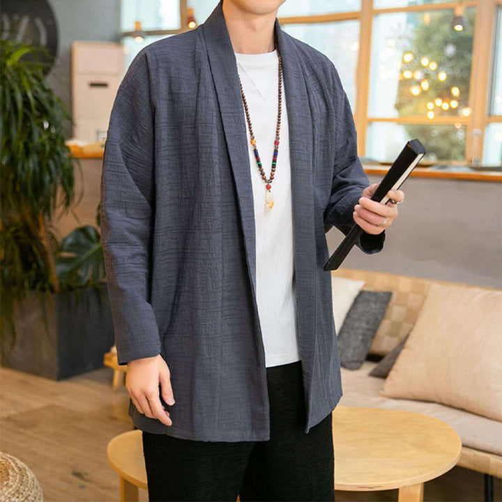 Manteau mi-long en lin mélangé simple et ample pour homme avec Buddha Stones - image 1