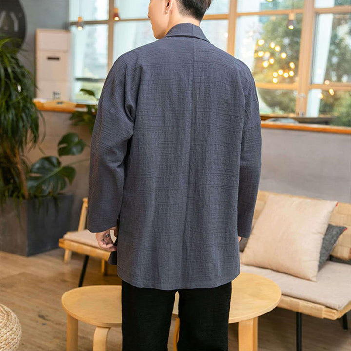 Manteau mi-long en lin mélangé simple et ample pour homme avec Buddha Stones - image 4
