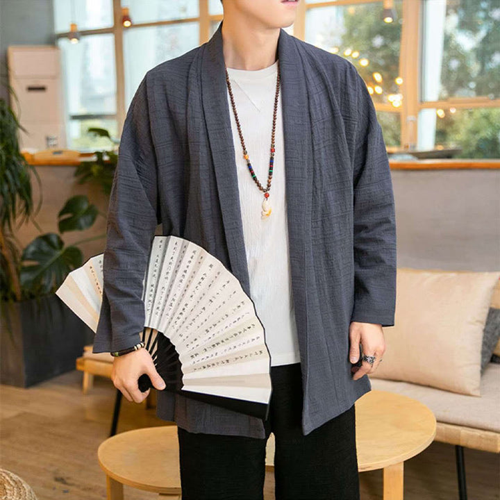 Manteau mi-long en lin mélangé simple et ample pour homme avec Buddha Stones - image 2