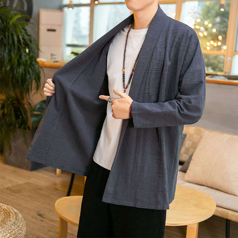 Manteau mi-long en lin mélangé simple et ample pour homme avec Buddha Stones - image 3