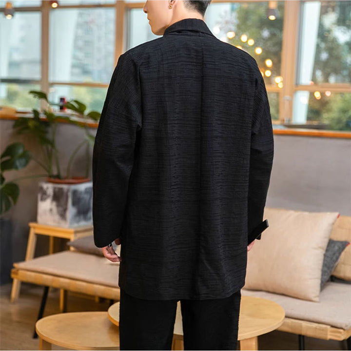 Manteau mi-long en lin mélangé simple et ample pour homme avec Buddha Stones - image 10
