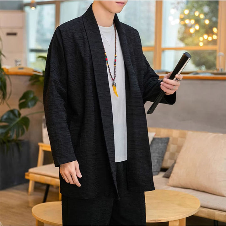 Manteau mi-long en lin mélangé simple et ample pour homme avec Buddha Stones - image 6