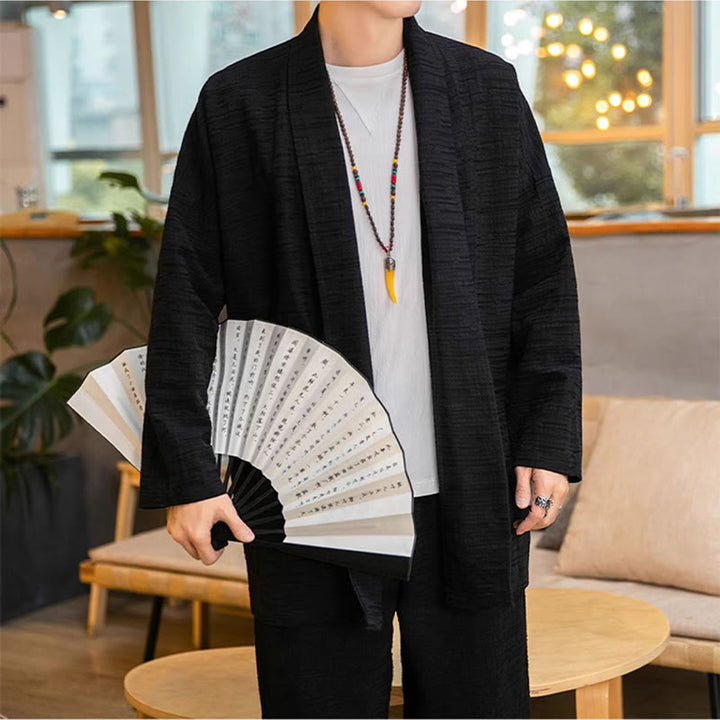 Manteau mi-long en lin mélangé simple et ample pour homme avec Buddha Stones - image 8