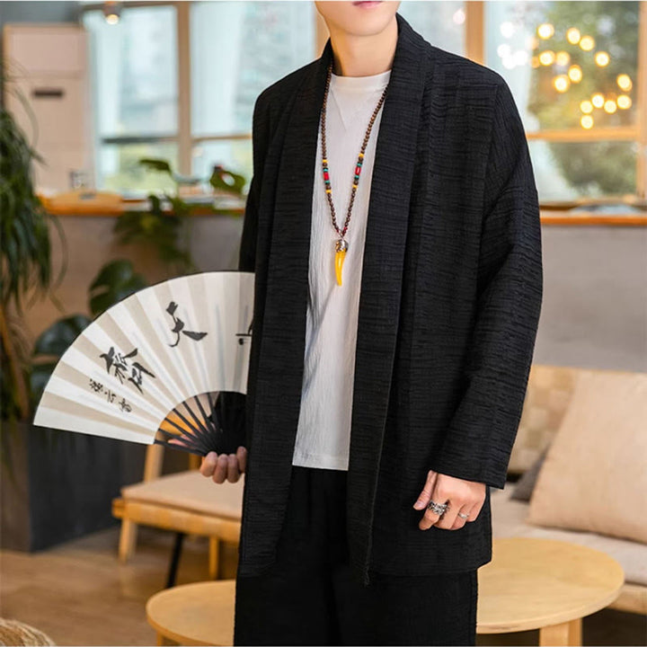 Manteau mi-long en lin mélangé simple et ample pour homme avec Buddha Stones - image 7