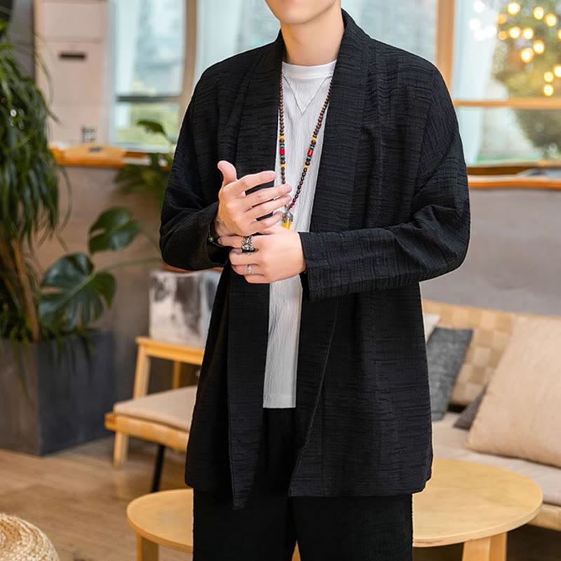 Manteau mi-long en lin mélangé simple et ample pour homme avec Buddha Stones - image 9