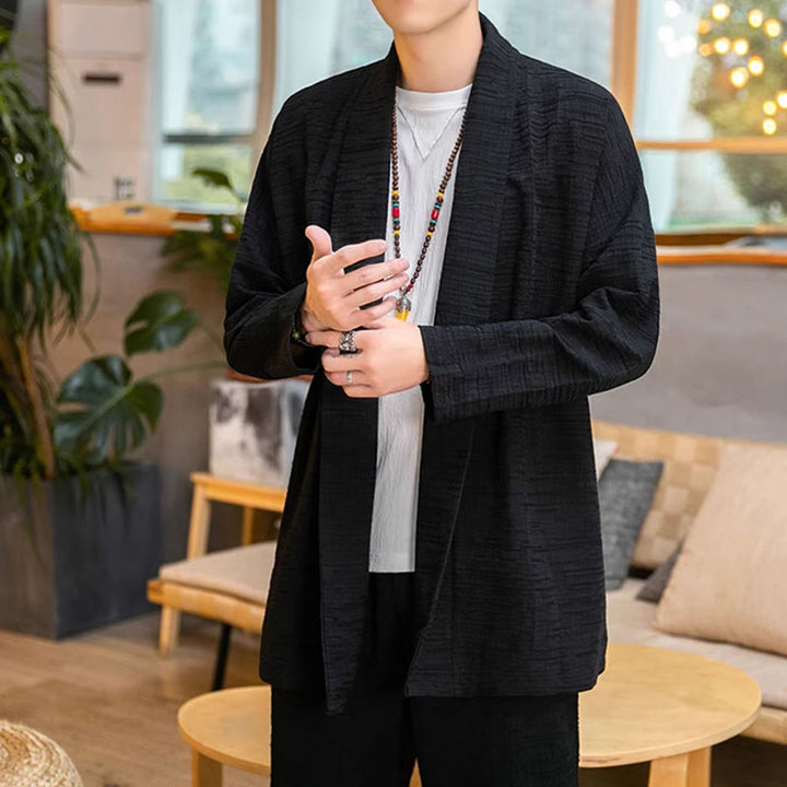 Manteau mi-long en lin mélangé simple et ample pour homme avec Buddha Stones - image 9