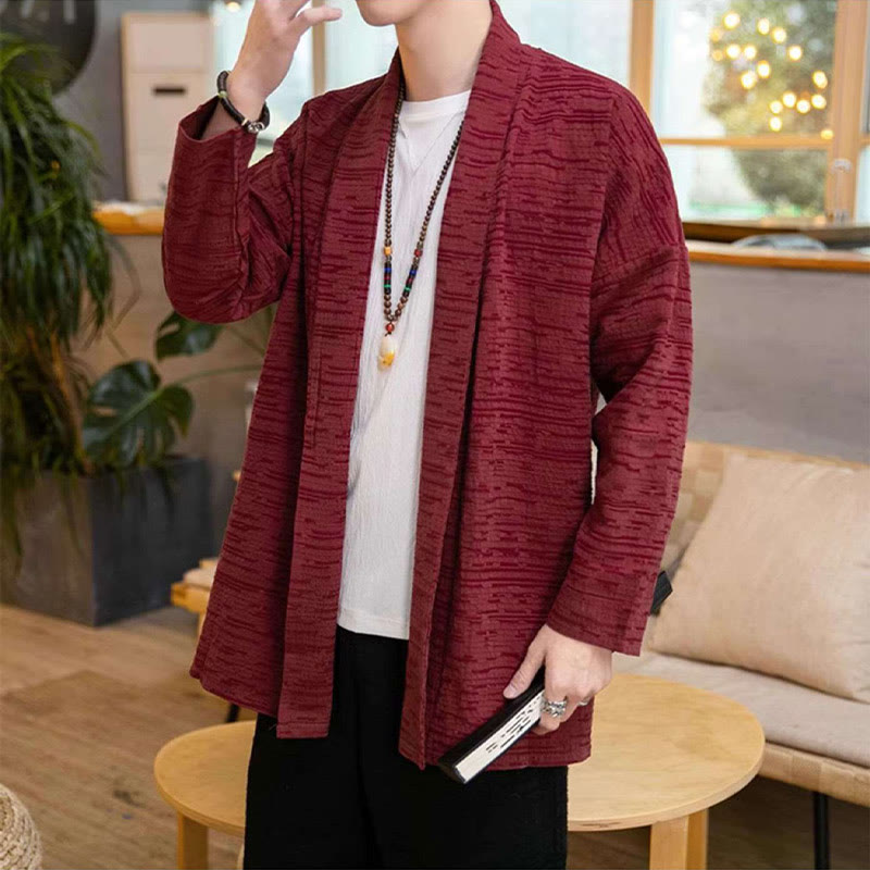 Manteau mi-long en lin mélangé simple et ample pour homme avec Buddha Stones - image 12