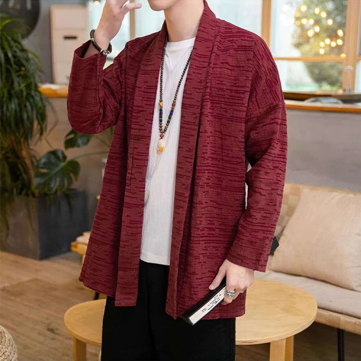 Manteau mi-long en lin mélangé simple et ample pour homme avec Buddha Stones - image 12