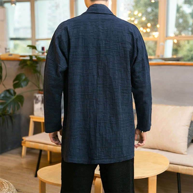Manteau mi-long en lin mélangé simple et ample pour homme avec Buddha Stones - image 20