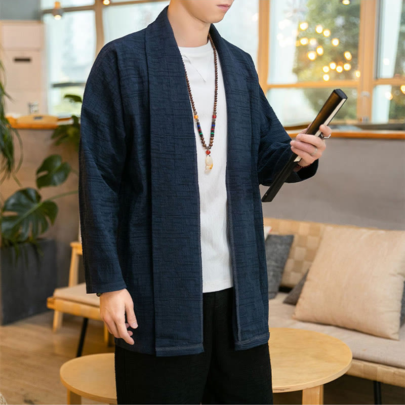 Manteau mi-long en lin mélangé simple et ample pour homme avec Buddha Stones - image 17