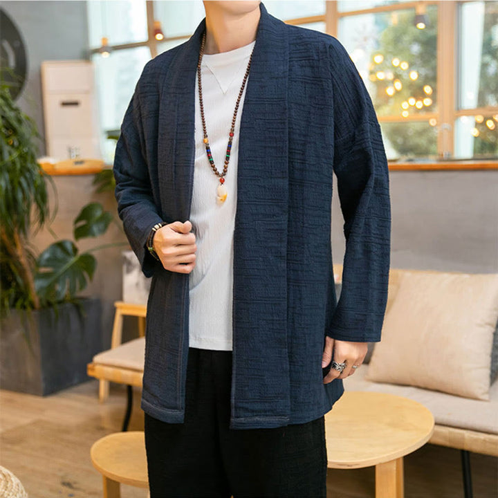 Manteau mi-long en lin mélangé simple et ample pour homme avec Buddha Stones - image 18