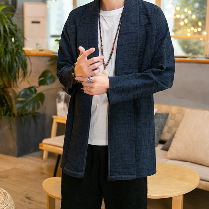 Manteau mi-long en lin mélangé simple et ample pour homme avec Buddha Stones - image 19