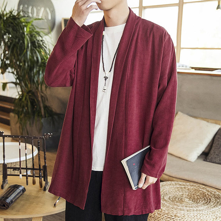 Manteau mi-long en coton et lin pour homme, simple et décontracté, avec Buddha Stones - image 2