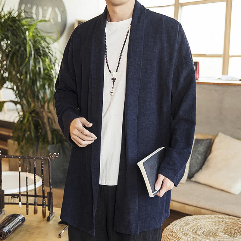 Manteau mi-long en coton et lin pour homme, simple et décontracté, avec Buddha Stones - Bleu nuit - US/UK/AU42，EU52 (3XL) - image 6