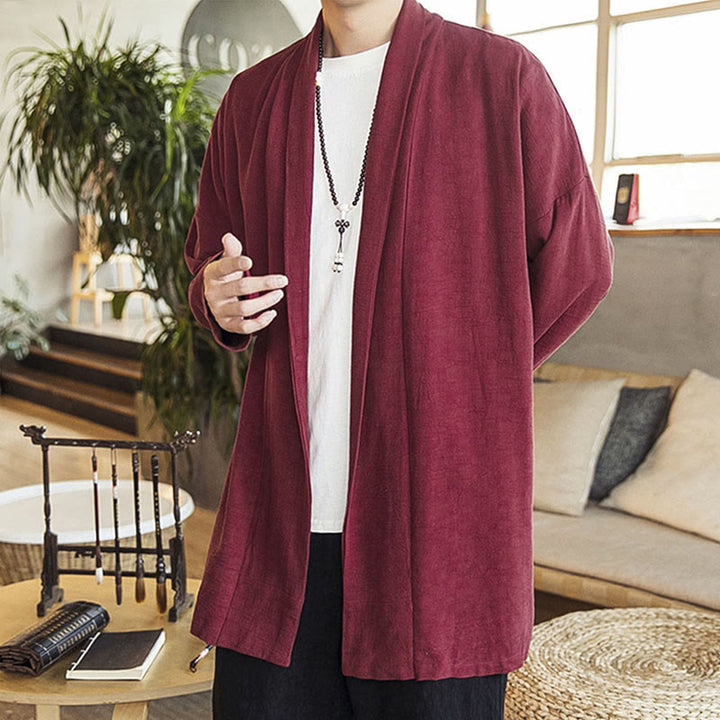Manteau mi-long en coton et lin pour homme, simple et décontracté, avec Buddha Stones - image 3