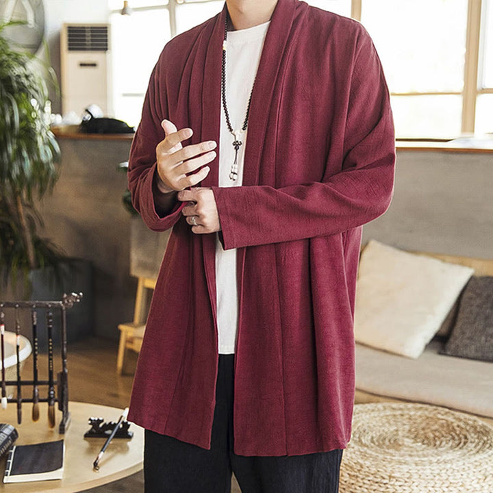 Manteau mi-long en coton et lin pour homme, simple et décontracté, avec Buddha Stones - Rouge foncé - US/UK/AU42，EU52 (3XL) - image 0