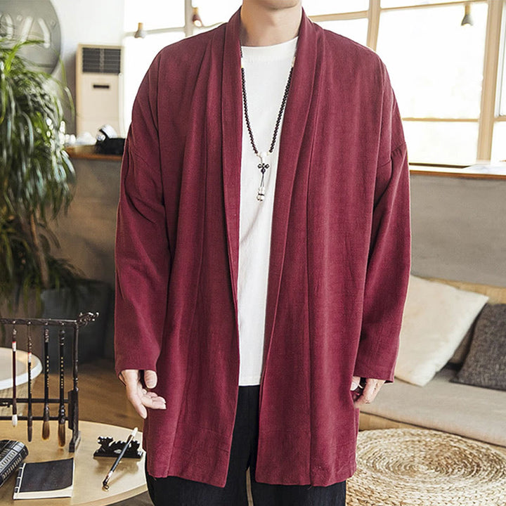 Manteau mi-long en coton et lin pour homme, simple et décontracté, avec Buddha Stones - image 4