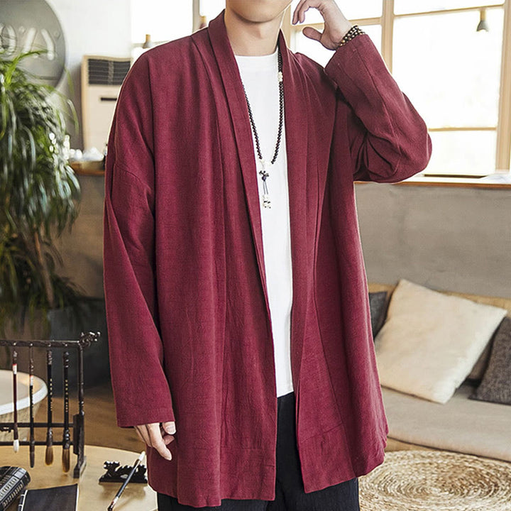 Manteau mi-long en coton et lin pour homme, simple et décontracté, avec Buddha Stones - image 3