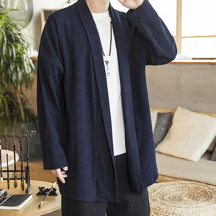 Manteau mi-long en coton et lin pour homme, simple et décontracté, avec Buddha Stones - image 7